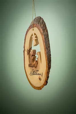 Bark Slice with Nativity Olive Wood Ornament – 4-6"