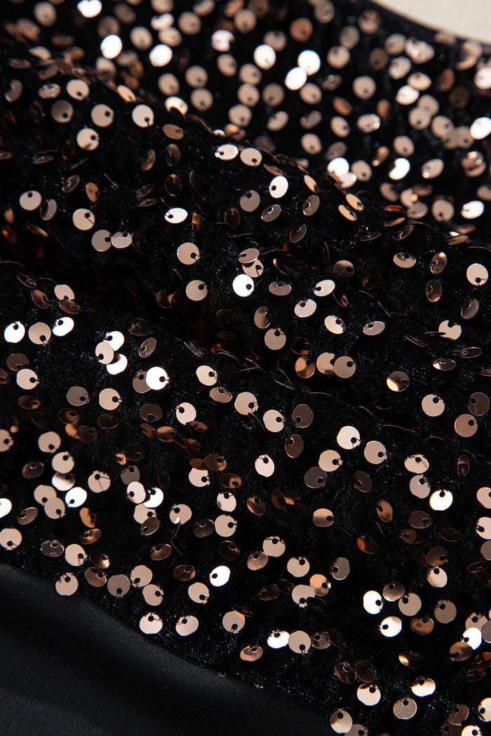 Black Deep V-Back Sequin Puff Sleeve Bodysuit - Occasionwear/party tops