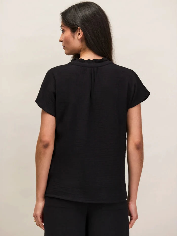 Black Frill Neck Cheesecloth Top Cotton Resort
