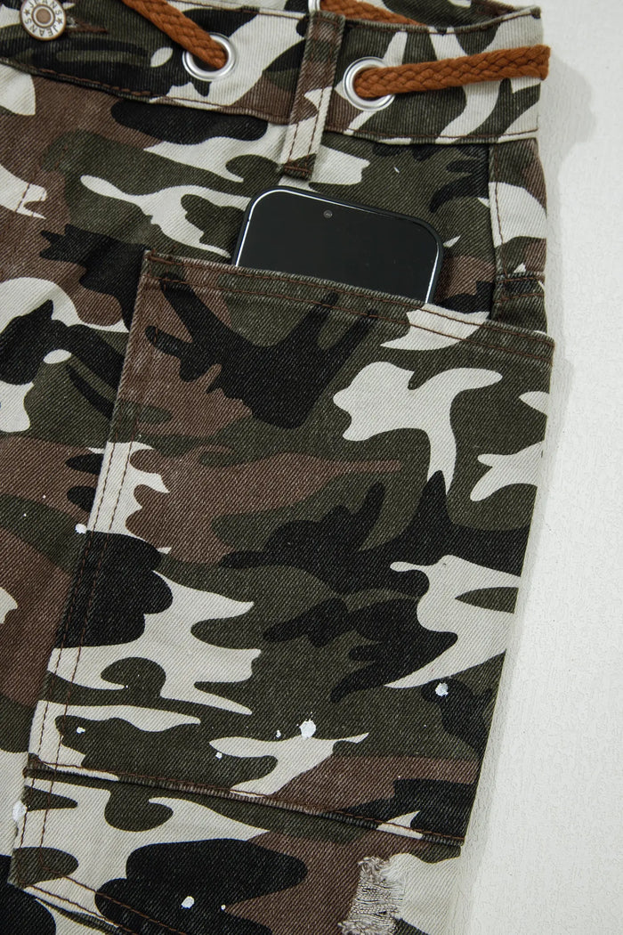Camouflage Print Splashed Distressed Loose Denim Pants - Bottoms/Pants & Culotte