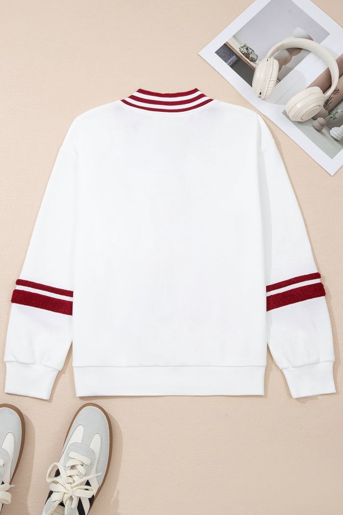 Chenille Letter A Graphic Varsity Striped V-Neck Puff Sleeve Sweatshirt - Tops/Sweatshirts & Hoodies