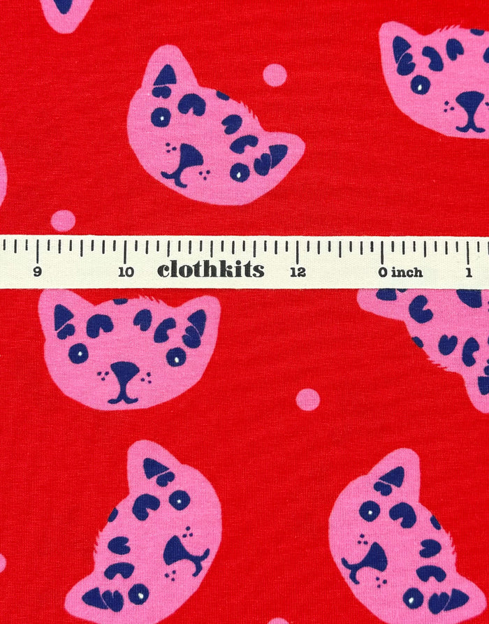 Cherry Pink Cat Faces Cotton Jersey Fabric
