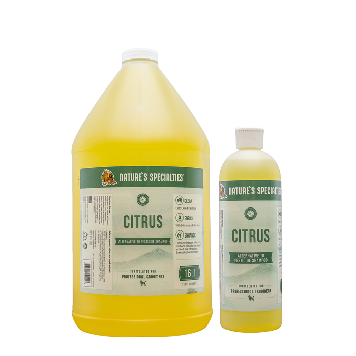 A gallon and 16 oz. bottles of yellow Alternative to Pesticide Citrus Shampoo for pets.