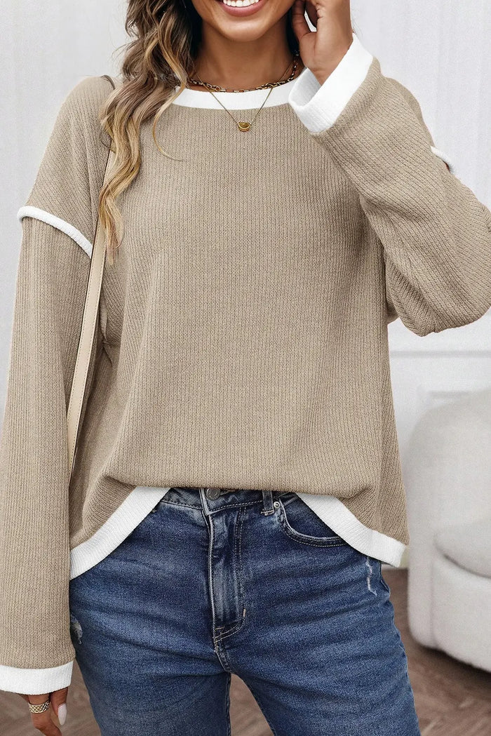 Contrast Colour Trim Knit Drop Shoulder Top - Beige / S - Tops/Long Sleeve Tops