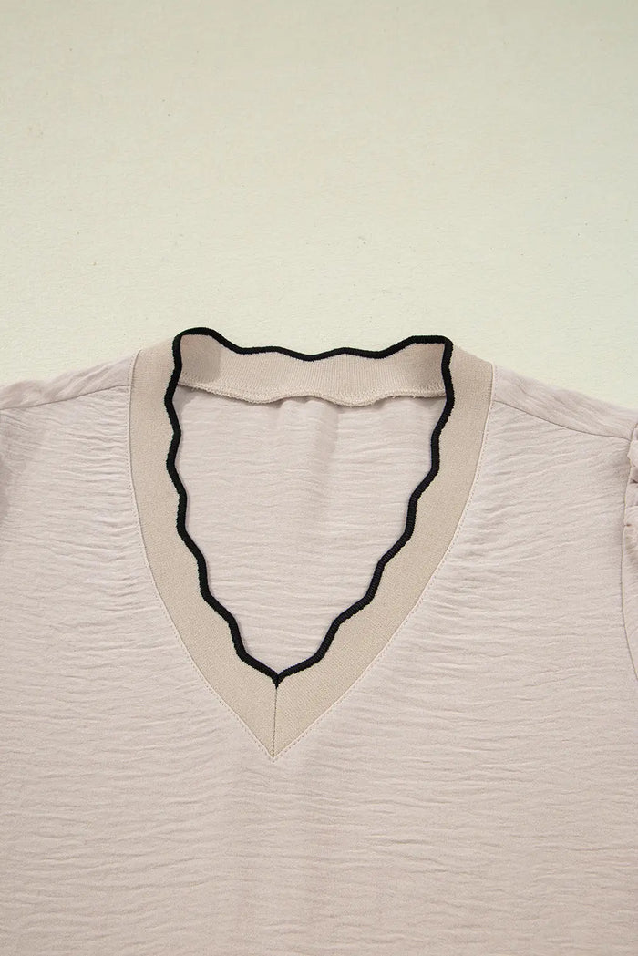 Contrast Scallop Trim V-Neck Long Sleeve Blouse - Tops/Blouses & Shirts