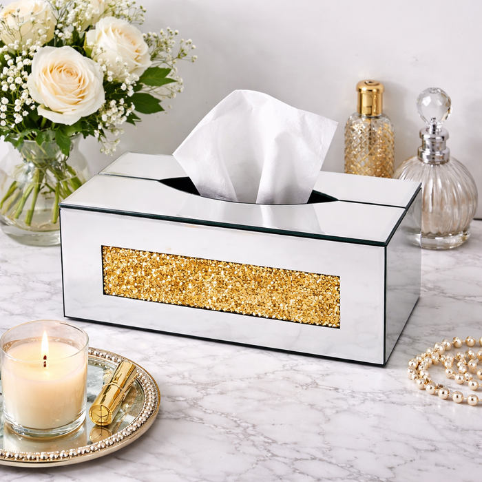 Crystal Tissue Box Glass Luxury Tissue Holder Living Room/ Office/ Bedroom Decorative Storage Box in Gold
