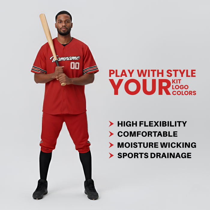 Person wearing a red baseball uniform holding a bat with promotional text on a gray background