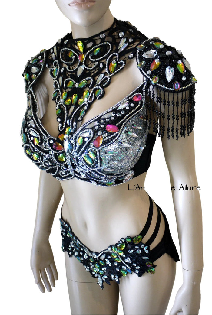 Dark Rainbow Butterfly Fairy Costume Dance Rave Bra and Skirt