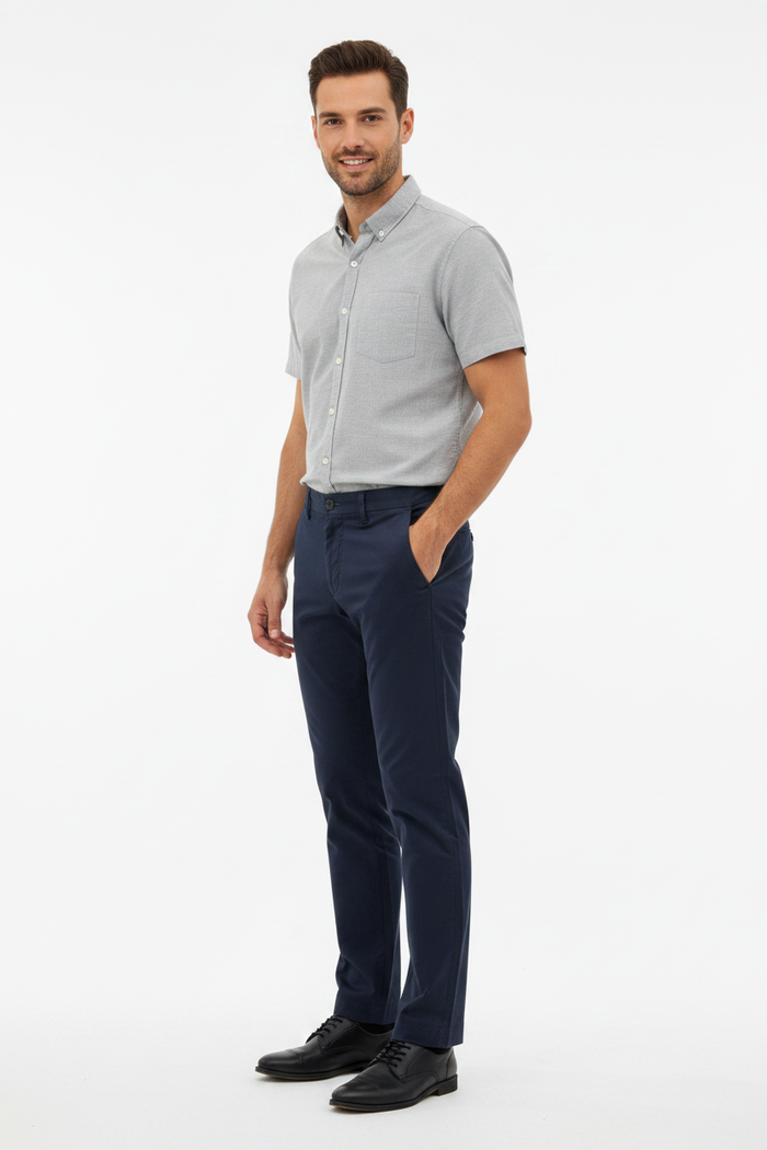 Wam Denim Jorell Navy Chino – side view showing tapered leg silhouette on model