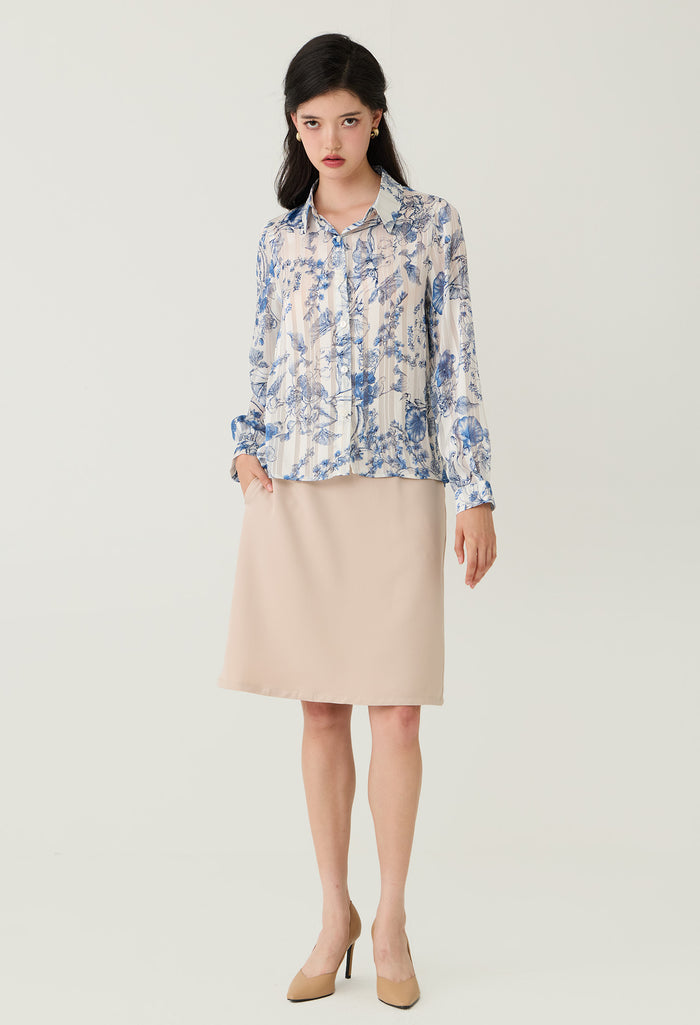 Floral Toile Sheer Button-Down Blouse