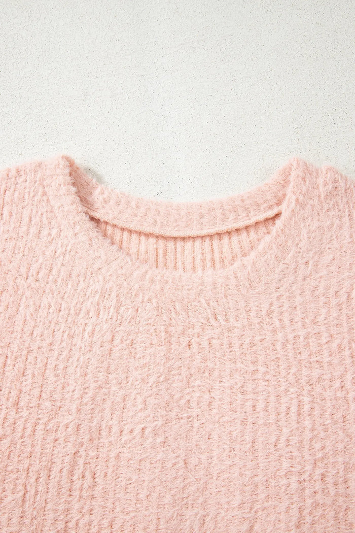 Fuzzy Ribbed Texture Round Neck Long Sleeve Top - Tops/Long Tops