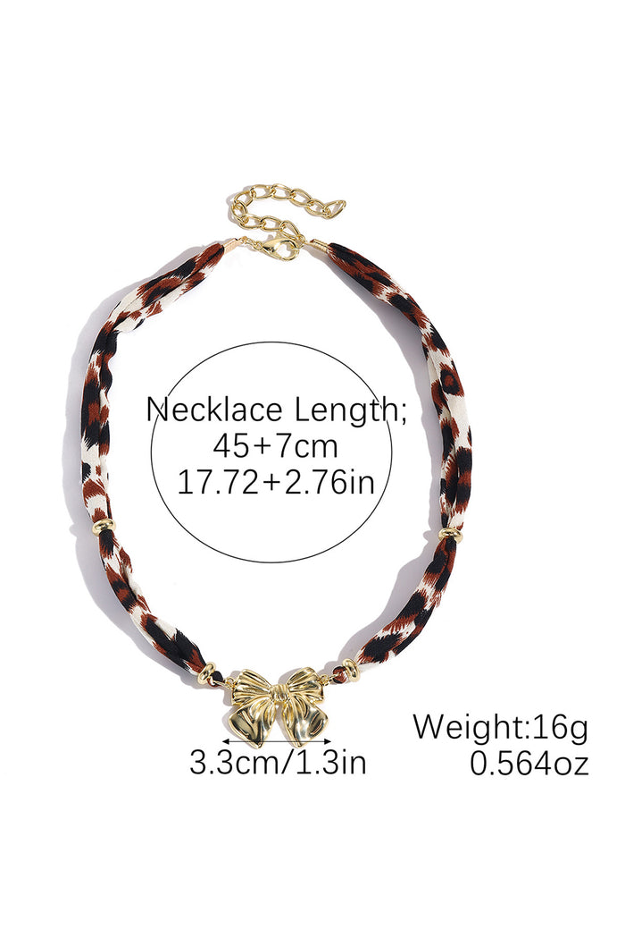 Gold Plated Bow Charm Leopard Ribbon Necklace