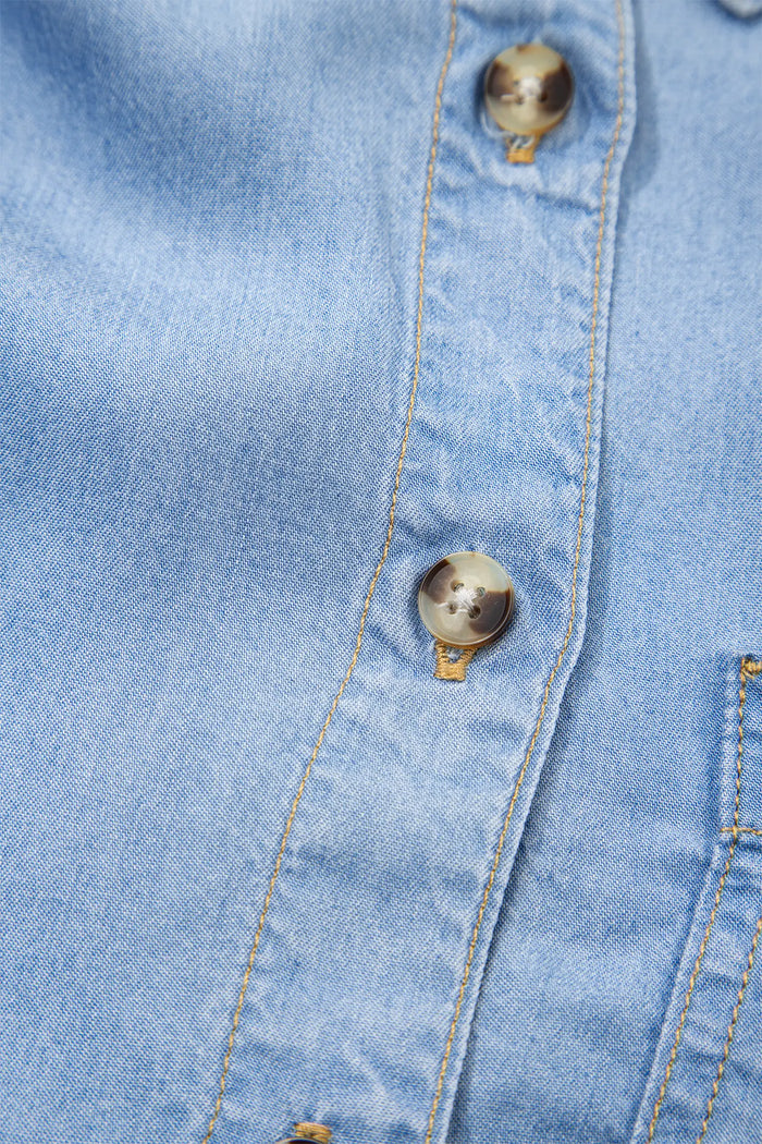 Half Sleeve Button Down Ruffled High Low Chambray Shirt