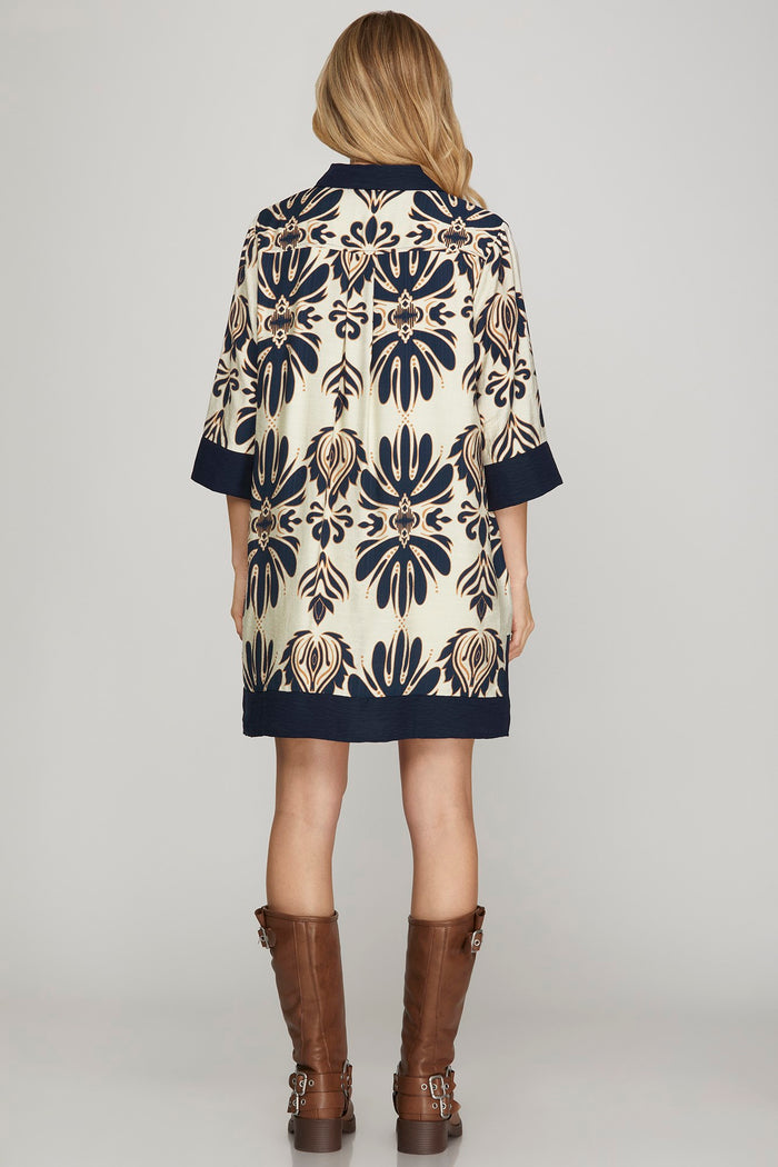 Half Sleeve Printed Mini Dress with Pockets – Navy