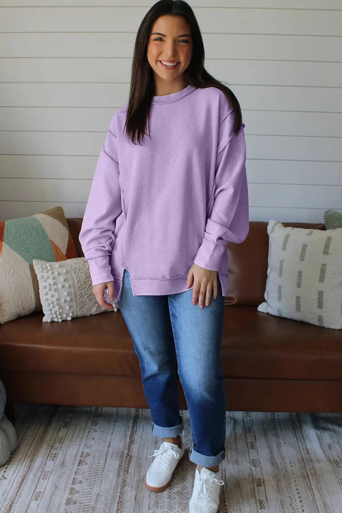Horizontal Ribbed Exposed Seam Detail Drop Shoulder Baggy Pullover - Tops/Long Sleeve Tops