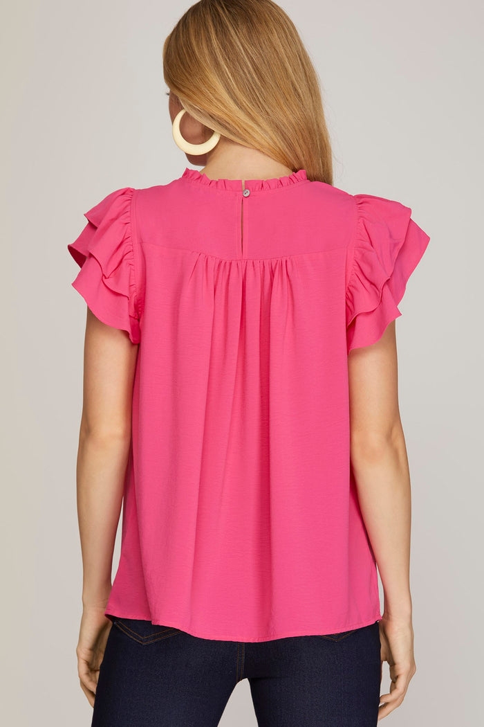 Hot Pink Ruffle Sleeve Pleated Top