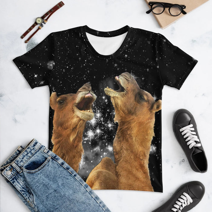 Howling Camels Women's Tee in Cosmic Dune Noir. OEKO-TEX® 100, REACH Compliant, Zero-Wastewater Printing.