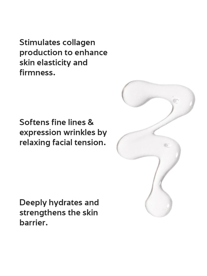 Text describing skincare benefits with a droplet of cream on a white background