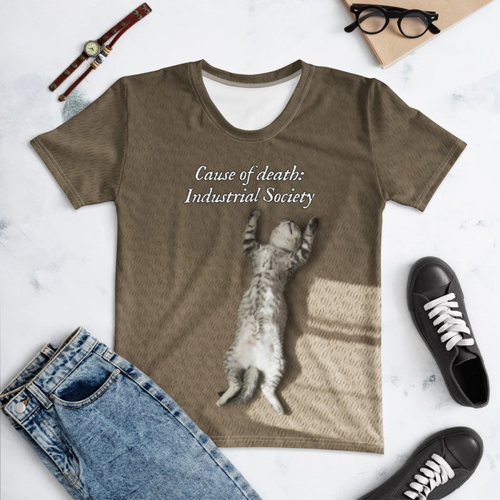 Industrial Society Cat Women's Tee in Sunlit Walnut Earth. OEKO-TEX® 100, REACH Compliant, Zero-Wastewater Printing.