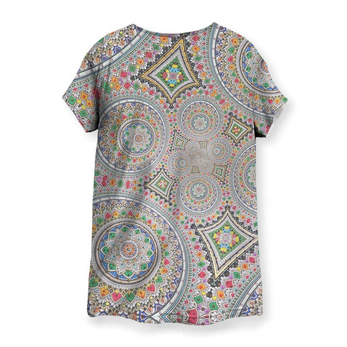 Infinite Mandala Women's Tee - The dense, beadwork-like stippling effect within the central crimson (#DC143C) and cerulean (#007BA7) medallion that simulates a tactile mosaic surface.