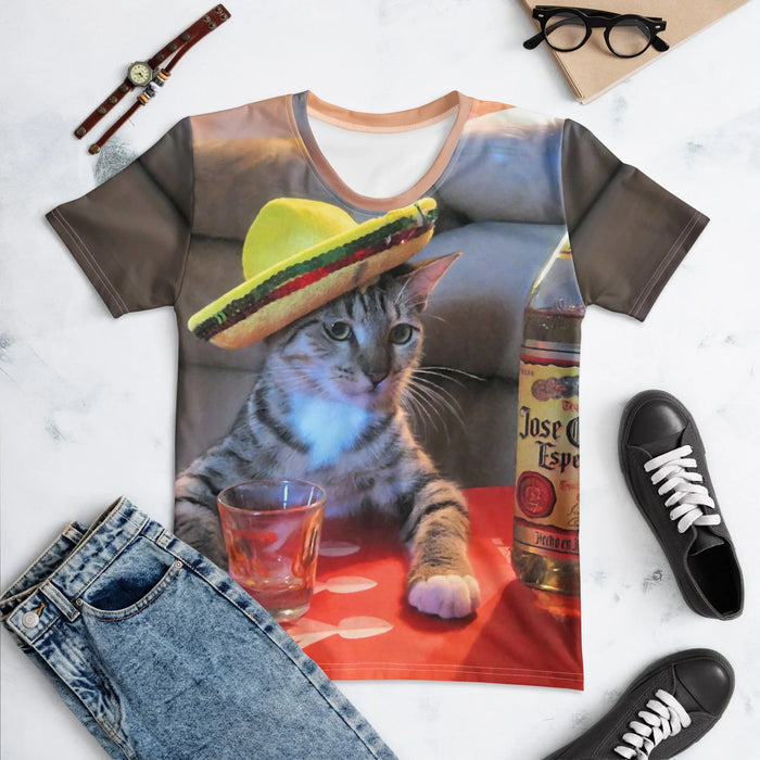 Jose Gato Women's Tee in Fiesta Red & Lemon Zest. OEKO-TEX® 100, REACH Compliant, Zero-Wastewater Printing.