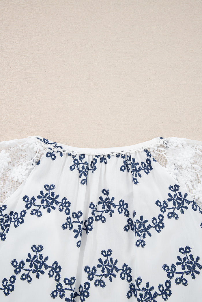 Lace Patchwork Floral Bubble Sleeve V-Neck Blouse - Tops/Blouses & Shirts