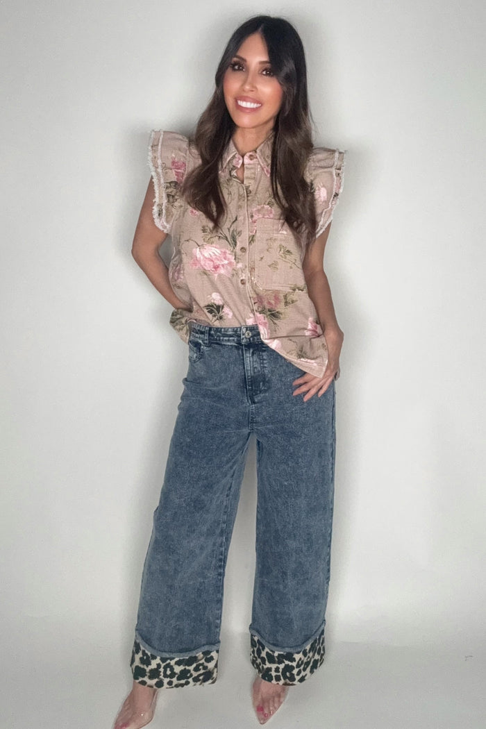 Style the Latte Floral Denim Ruffle Top exclusively at Born To Glam