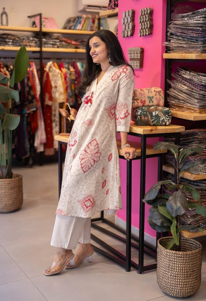 Leena Ikkat Slub Cotton Set- Red