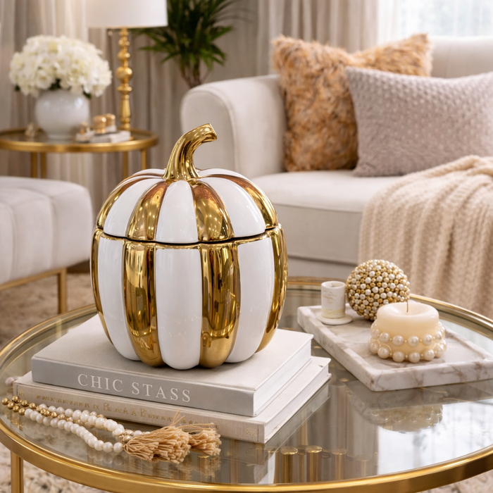 Luxury White & Gold Ceramic Pumpkin Jars – Elegant Decorative Storage (One piece Included)