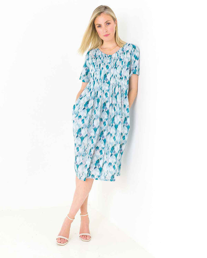 Martha Patterned Cotton Short Sleeve Pintuck Dress - The Classic Boutique