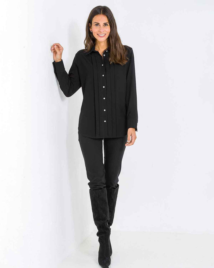 Maya Poly Mix Pintuck Long Sleeve Blouse - Black - Image 2 - The Classic Boutique