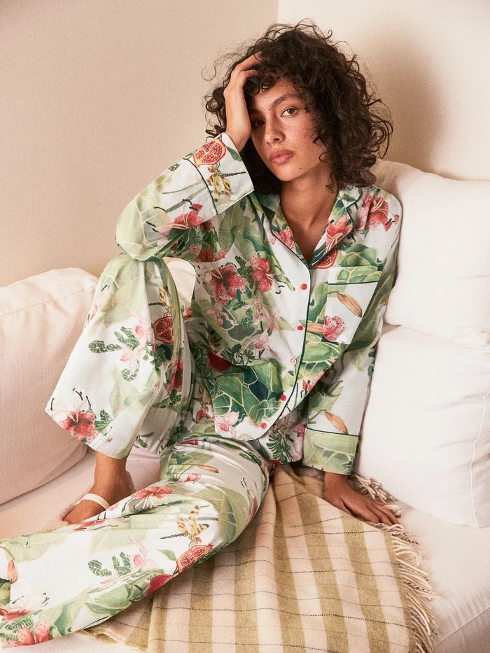 Multi Lotus Print Cotton Pyjamas & Sleep Mask