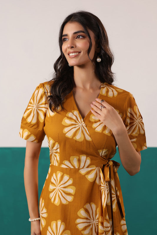 Mustard Sunflower Bloom Printed Cotton Tie-Up Wrap Dress