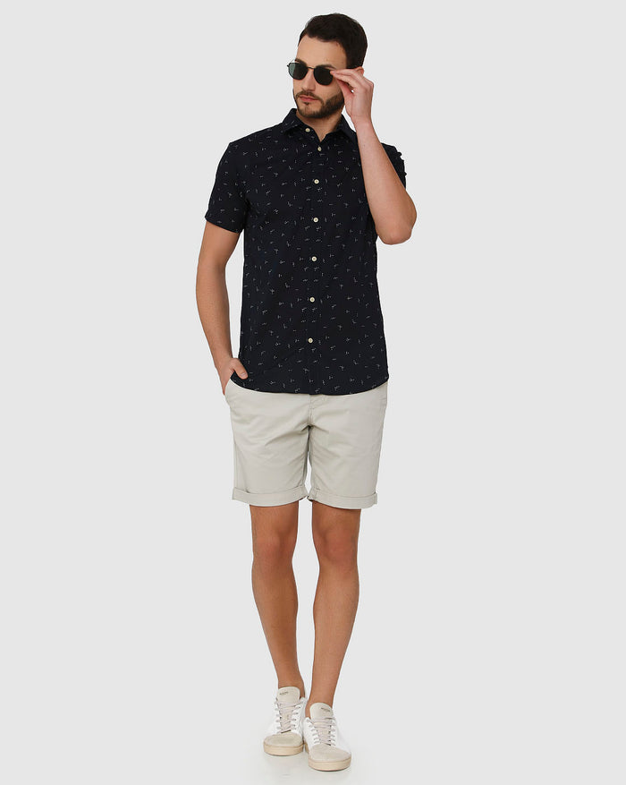 Navy Blue All Over Printed Regular Fit Short Sleeves Shirt