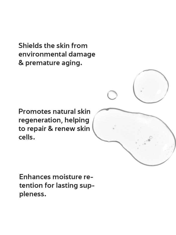 Text describing skincare benefits with a droplet graphic on a white background