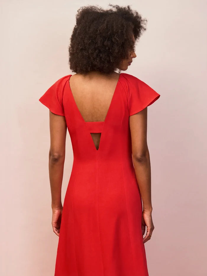 Red flutter sleeve linen blend maxi dress back cut-out detail