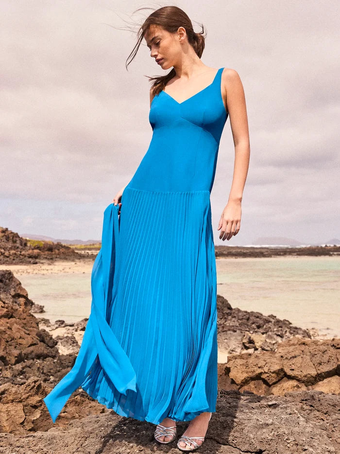Vivian Teal Pleated Skirt Drop Waist Dress Occasionwear