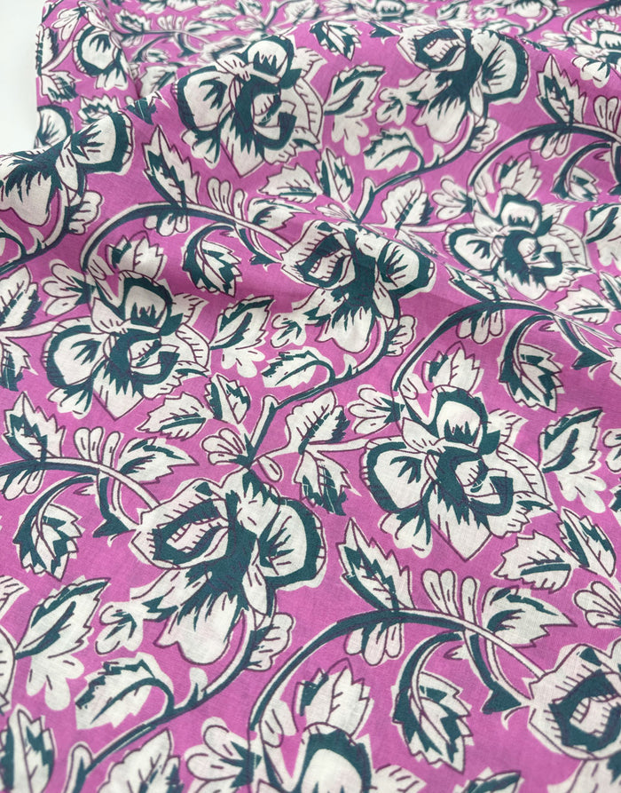Pink Bel Floral, Indian Block Print Cotton Fabric