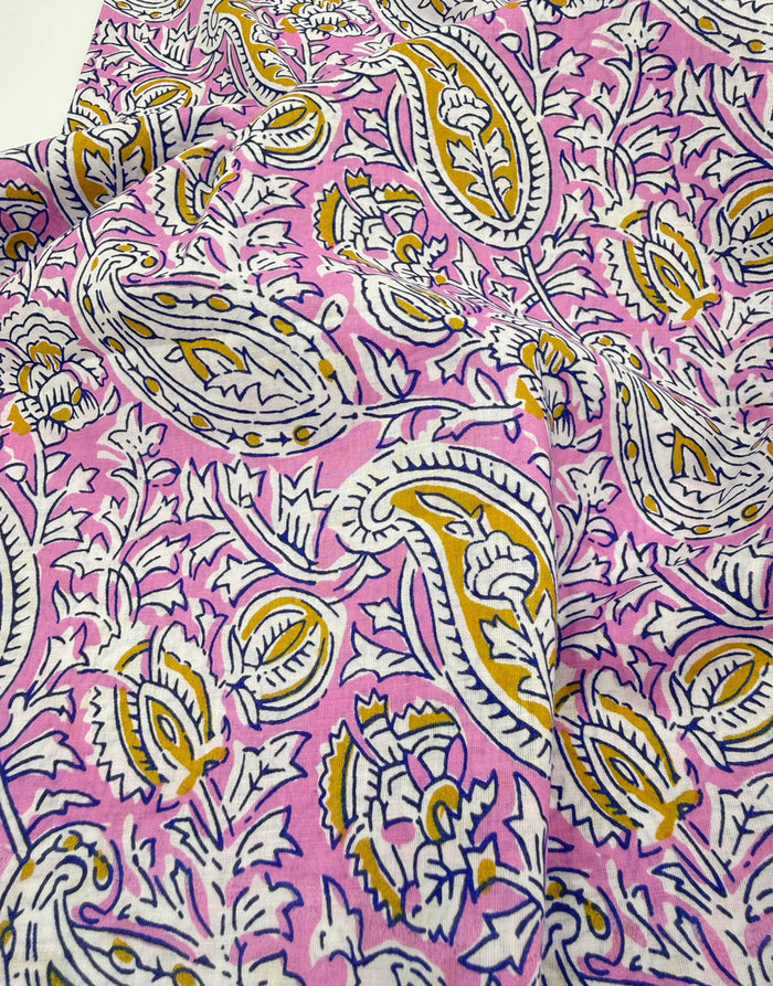Pink Bel Paisley, Indian Block Print Cotton Fabric