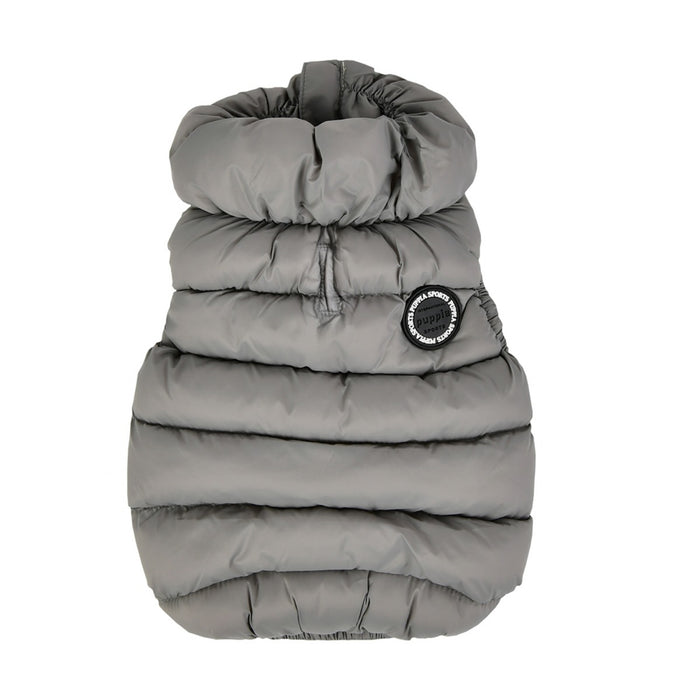 Gray puffer dog coat with a brand logo on a white background