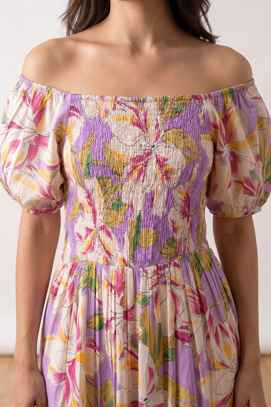 Purple Floral Tropical Bloom Smocked Printed Off-Shoulder Summer Russian Silk Dress