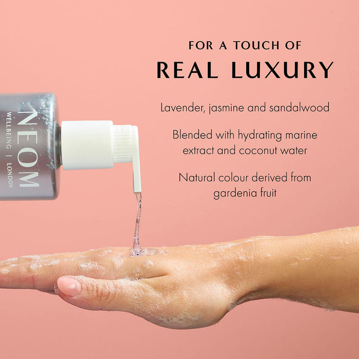 'for a touch of real luxury. Lavender, jasmine and sandalwood. Blended with hydrating marine extract and coconut water. Natural colour derived from gardenia fruit'