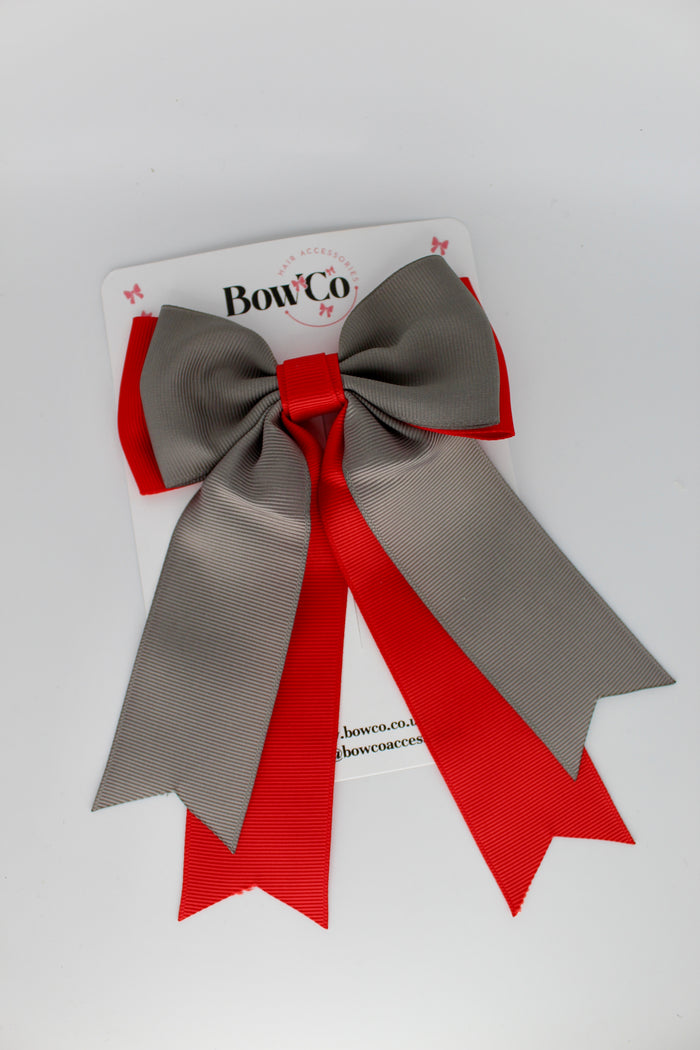 Red and Metal Grey - Classic Tail Bow - Clip
