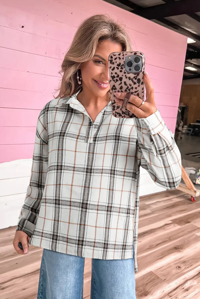 Red Plaid Print Collared V-Neck Oversized Blouse with Side Slits - Tops/Blouses & Shirts