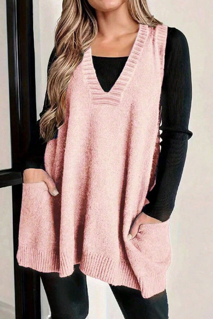 Rib Knit Deep V-Neckline Front Pocketed Baggy Tunic Sweater Vest - Pink / L - Sweaters & Cardigans/Sweaters
