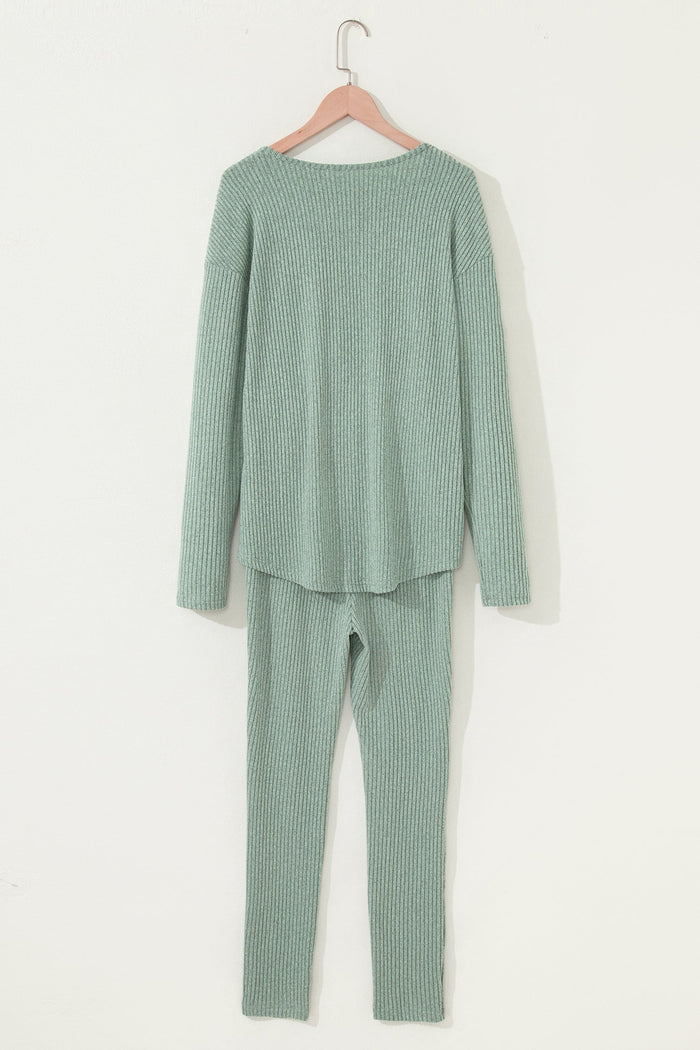 Rib Notched Neck Long Sleeve Leggings Two Piece Lounge Set - Loungewear & Sleepwear/Loungewear