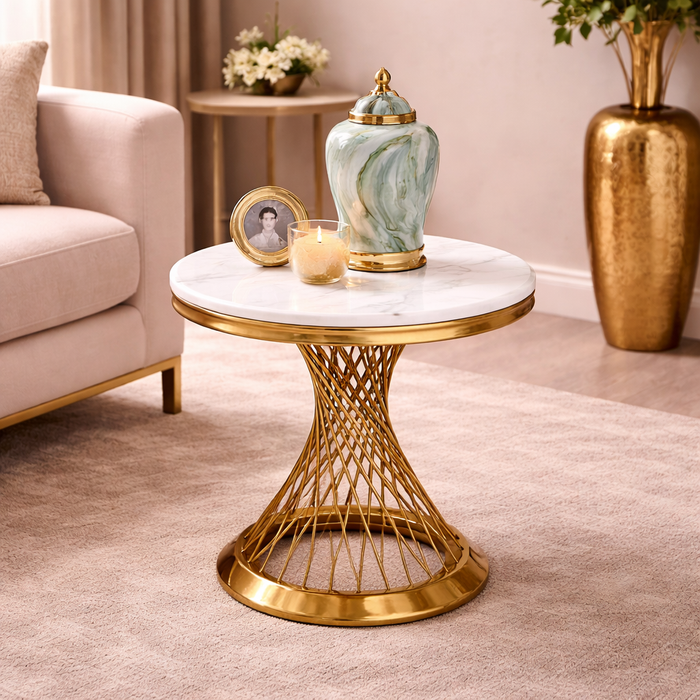 Round Gold Side Table with White Marble Top | Luxury Stainless-Steel Base Design