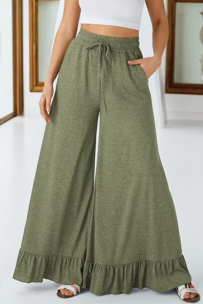 Ruffled Wide Leg Pull On High Waist Trousers with Pockets - Green / S - Bottoms/Wide