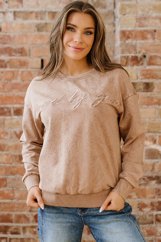 ’Saved By Grace’ Letter Embroidery Mineral Wash Loose Sweatshirt - Beige / S - Tops/Sweatshirts & Hoodies