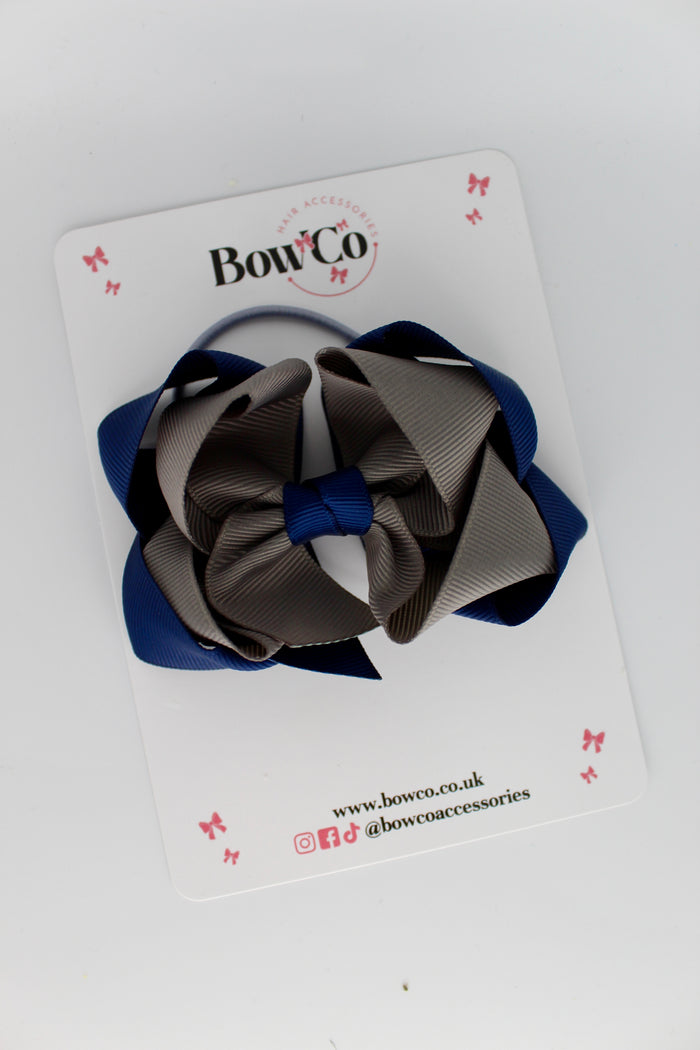 School Bow Navy Blue and Metal Grey - Double Loop Bow - Elastic